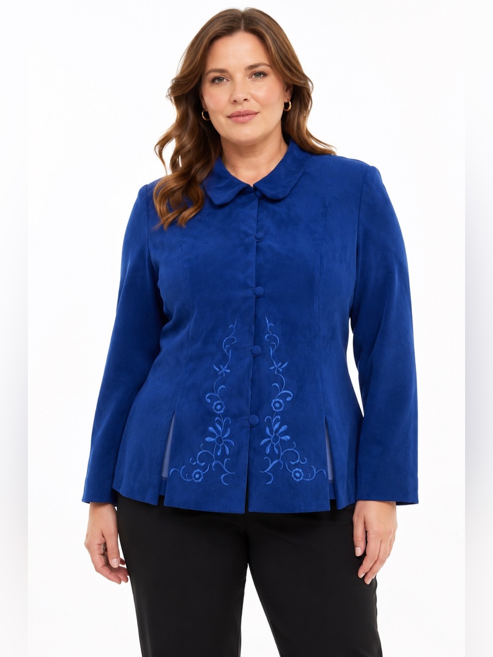 80s/90s Vintage K Studio Floral Embroidered Suedette Jacket (Royal Blue) Size 14